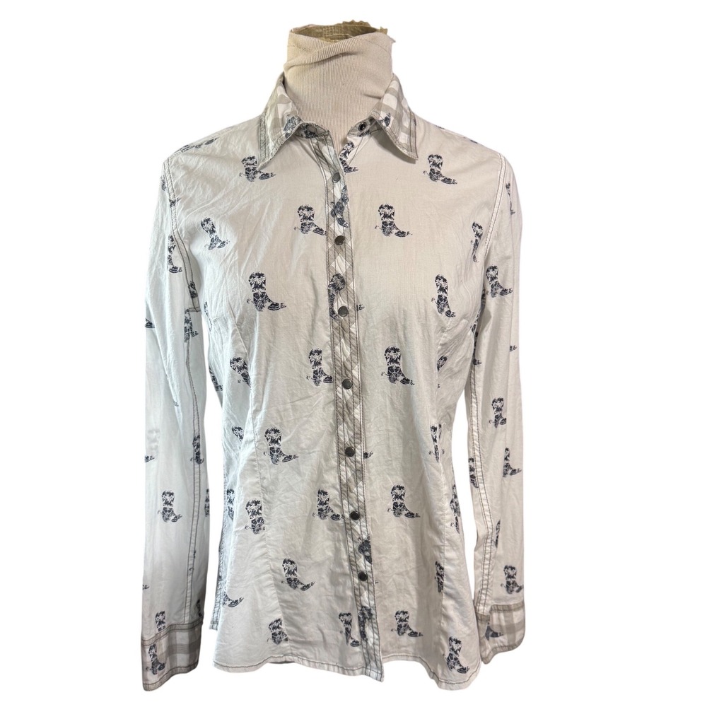 Barn Fly Trading Western Shirt Womens Medium Cotton Cowboy Boot Print White VTG